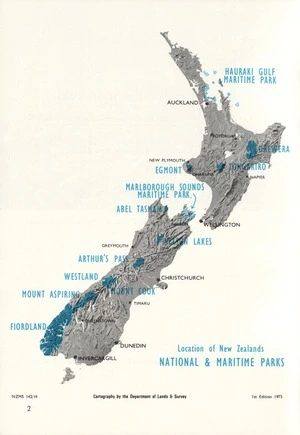 Location of New Zealand's national & maritime parks / cartography by the Department of Lands & Survey.
