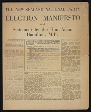 New Zealand National Party: Election manifesto and statement by the Hon. Adam Hamilton, M.P. [1938]
