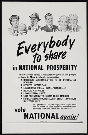 New Zealand National Party: Everybody to share in national prosperity. Vote National again! N.Z. National Party 19C [1951]