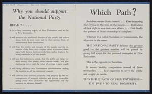 New Zealand National Party: Which path? Why you should support the National Party. Tolan Printing Co. Ltd [1943 or 1949?]