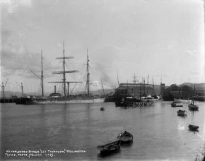 View of Water-logged barque, Geo. Thompson, the Wharves, Wellington