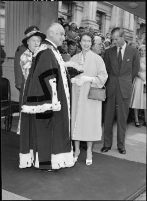 Queen Elizabeth II with the Mayor of Wellington, Mr R L Macalister - Photograph taken by E Woollett