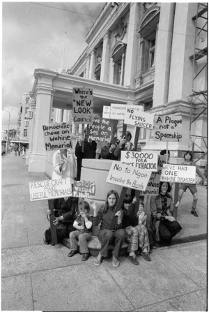 Protestors outside Wellington Town Hall, against the design for a proposed Wahine memorial