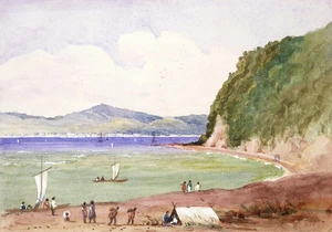 [Fox, William] 1812-1893 :[Wellington Harbour looking along the Hutt Road to the town of Wellington, 1850s?]