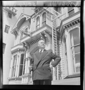 Mr R B Law in front of the YWCA Hostel, Boulcott Street, Wellington