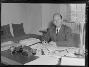 Mr Jack Thomas Watts, Minister of Finance, with the 1956 Budget