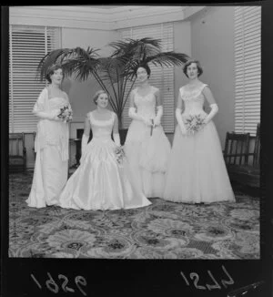 Debutantes Juliet Downer-Kingston, Margaret Gorton, Pirihuia Richardson, and Shirley Kidd, Government House, Wellington