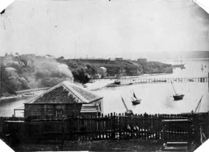 Scene by Auckland Harbour, with Fort Britomart and Wynyard Pier