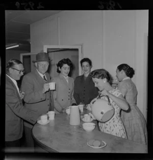 Members of the Young Women's Christian Association, serving early morning tea to travellers to the Chatham Islands