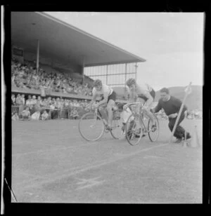 Athletic meeting, start of a cycle race, Petone Recreation Grounds, Wellington