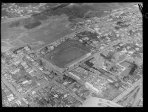 Aerial view of Newtown during the Springbok versus All Blacks second rugby test match, Athletic Park, Wellington