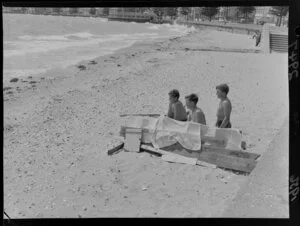 Three boys, on the beach, Oriental Bay, Wellington