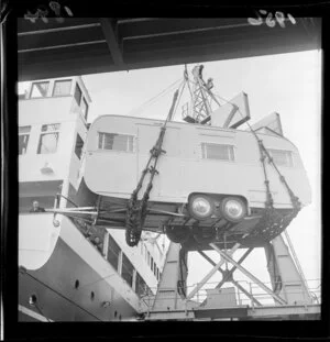 Caravan loaded on to a ship destined for 1956 Olympic Games