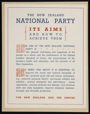 New Zealand National Party: The New Zealand National Party; its aims and how to achieve them. For New Zealand and the Empire. W & T Ltd. [1930s]