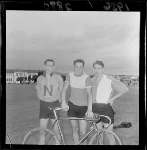 Athletic meeting, three unidentified [cyclists?], Petone Recreationa Grounds, Wellington