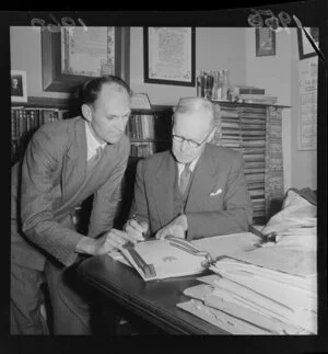 Mr A Riddell and Leigh Hunt with illuminated address for Lord Bledisloe