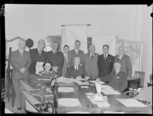 Minister of Education, Ronald Macmillan Algie, seated on the right, with unidentified members of the Parliamentary Education Committee