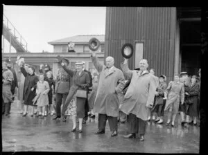 Governor General and Prime Minister (Holland) farewelling the Duke of Edinburgh after the royal visit to Wellington, 1956