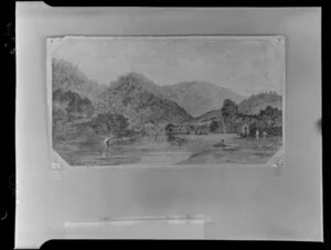 Photographic copy of a watercolour by Samuel Charles Brees showing Ngauranga Gorge and stream, [ca 1843]