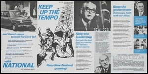 [New Zealand National Party]: Keep up the tempo; keep New Zealand growing! To the householder; postage paid. Printed by Whitcombe & Tombs Limited [1966]