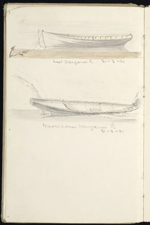 Haylock, Arthur Lagden, 1860-1948 :Boat, Wanganui R[iver], 31.3.[19]21. Maori canoe, Wanganui R[iver], 31.3.[19]21