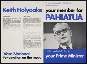 [New Zealand National Party]: To the householder - postage paid. Your member for Pahiatua, the Rt. Hon. Keith Holyoake, your Prime Minister [1969]