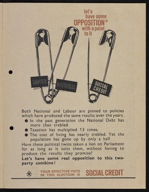 New Zealand Social Credit Political League: Let's have some opposition with a point to it ... Your effective vote in this election is Social Credit [1966, Page 15]