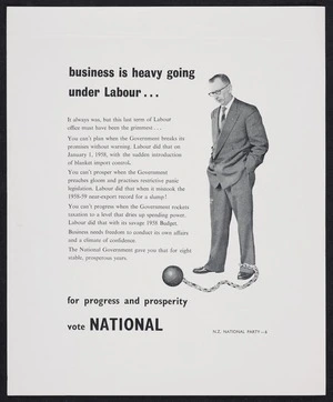 New Zealand National Party: Business is heavy going under Labour. For progress and prosperity, vote National. NZ National Party - 6 [1960]