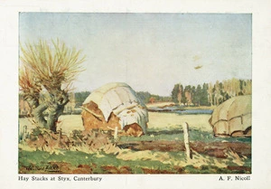Nicoll, Archibald Frank, 1886-1953 :Hay stacks at Styx, Canterbury [ca 1920]