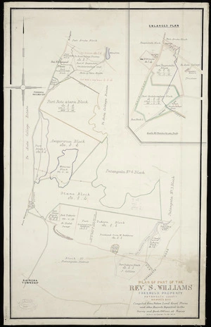 [Creator unknown] :Plan of part of the Rev. S. Williams freehold property, Patangata County, Hawkes Bay [ms map]. Compiled from Native Land Court plans and other records deposited in the Survey and Deeds Offices at Napier, [189-?]