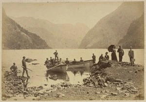 Burton Brothers, 1868-1898 (Firm, Dunedin): Group of passengers at Wet Jacket Arm, Dusky Sound
