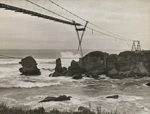 Suspended flume under construction to enable the transportation of coal between the main land and Seal Island, Buller district, West Coast - Photograph taken by Lawrence Andrew Inkster