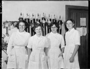 Four women wearing uniforms at the children's ward, Wellington Hospital