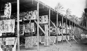 Tattersall, Alfred James, 1866-1951: Tapa cloth exhibit at an agricultural show and fair, Western Samoa