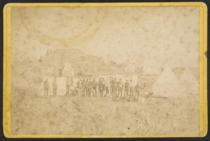Muir, T S (New Plymouth) fl 1882 :Photograph of encampment at Redoubt Rahotu near Parihaka