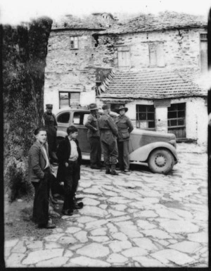 Village scene in Greece during World War II, with Lt Col Twhigg and Australians - Photograph taken by Ian Macphail