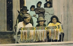 [Postcard]. Maoris weaving taniko. Copyright T. Pringle, Wellington, NZ [ca 1904].