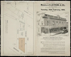 Valuable block of freehold land, having three frontages, with large business premises, nos. 32 and 34 Manners Street, Wellington : frontages to Manners St., Farish St., and St. Hill St.