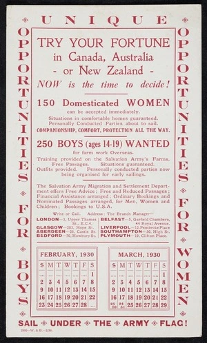 Salvation Army (Great Britain): Try Your Fortune in Canada, Australia or New Zealand - Now is the time to decide! Unique opportunities for boys, opportunities for women. Sail under the Army flag! 2500 - W & B - 2/30 [1930. Blotter]