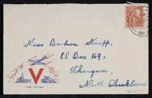 [Five illustrated postal envelopes, posted 1943-1948]