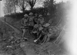 New Zealand soldiers sending word by telephone, Le Quesnoy, France
