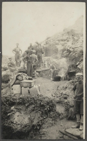 Cookhouse of 16th Company, Auckland Infantry Battalion, at Courtney's Post, Gallipoli Peninsula, Turkey, during World War I