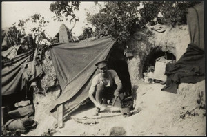 Soldier by his dug out, Gallipoli Peninsula, Turkey, during World War I