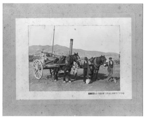 Men with shovels, standing by horse drawn carts, Wellington - Photograph taken by Anglo New Zealand