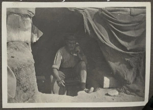 Soldier telephoning in a dug out, Anzac Cove, Gallipoli Peninsula, Turkey, during World War I