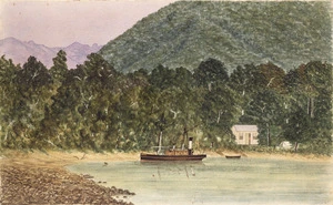 Welch, Joseph Sandell, 1841-1918 :Martins Bay, Otago. Jamestown gravel cove, Lake McKerrow. [February 1870].