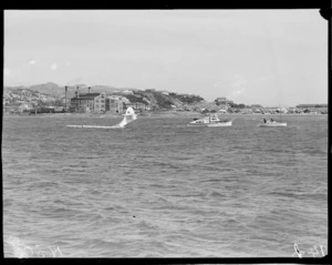 A Royal New Zealand Air Force Catalina flying boat at Evans Bay, Wellington, after being damaged during take-off