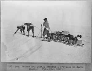 Bernard C. Day, Nelson and W Lashly probing a crevasse on Barne Glacier, Antarctica