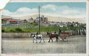 Horse drawn cart passing the Basin Reserve, Wellington