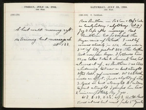 Diary entries for 14-15 July 1933 describing Jack Lovelock's world record for the mile